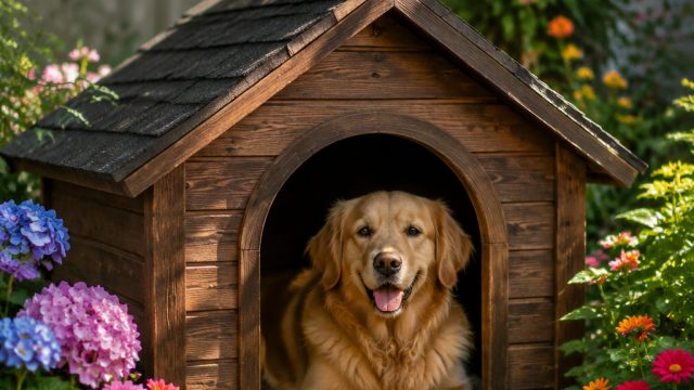 Charming Garden Haven: A Cozy Dog House Scene for Your Screens