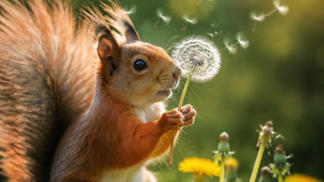 Charming Nature Moments: Squirrels and Dandelions in Focus